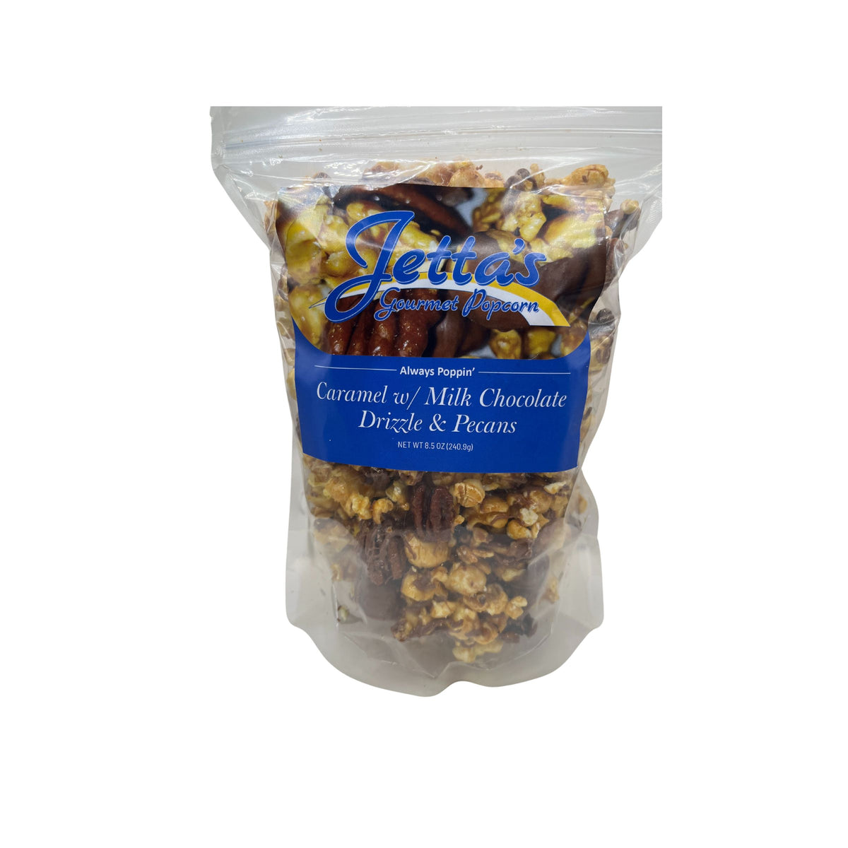 Caramel w/ Milk Chocolate Drizzle & Pecans – Jetta's Gourmet Popcorn